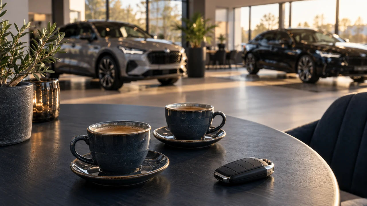Sfeerimpressie: twee kopjes koffie en een autosleutel in een lichte showroom
